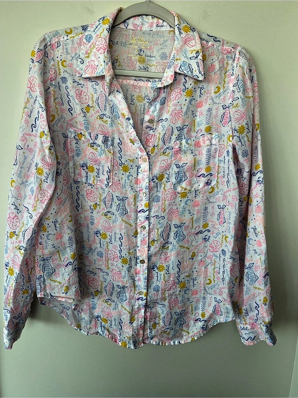 Lilly Pulitzer Sea View Linen Button Down Shirt in White & Pink Size S
